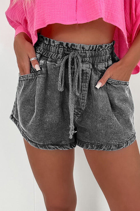 Relaxed Fit High Waisted Drawstring Utility Denim Shorts